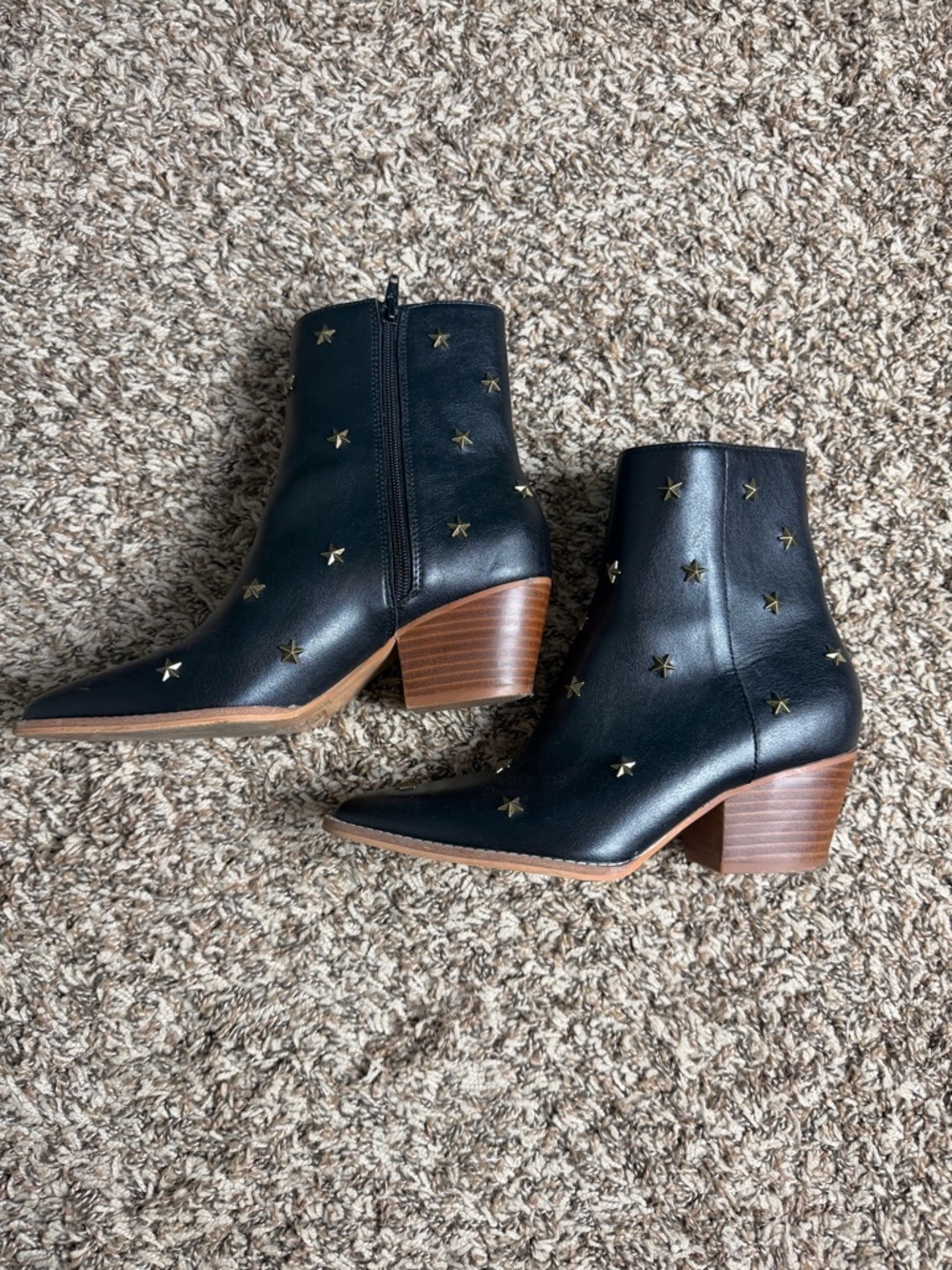 Black Star-Studded Leather Ankle Boots - Women's